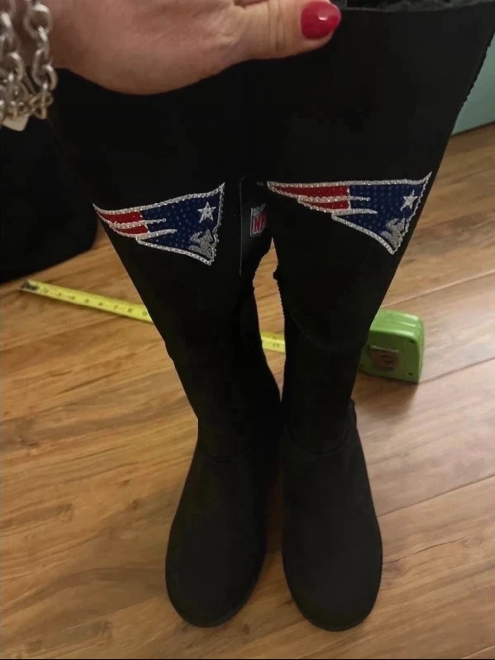New England Patriots NFL Black Women's Embellished Jeans Boots NWT 8 tall black